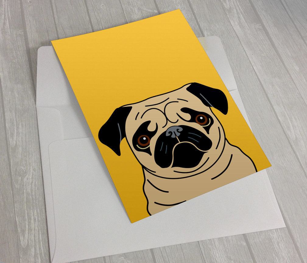 Fawn Pug on Yellow Greeting Card 5 X 7